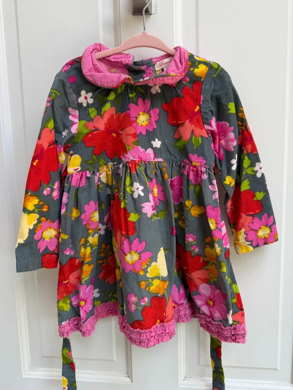 Sweetdil Girls' 3T Floral Long-Sleeve Corduroy Dress in Gray and Pink